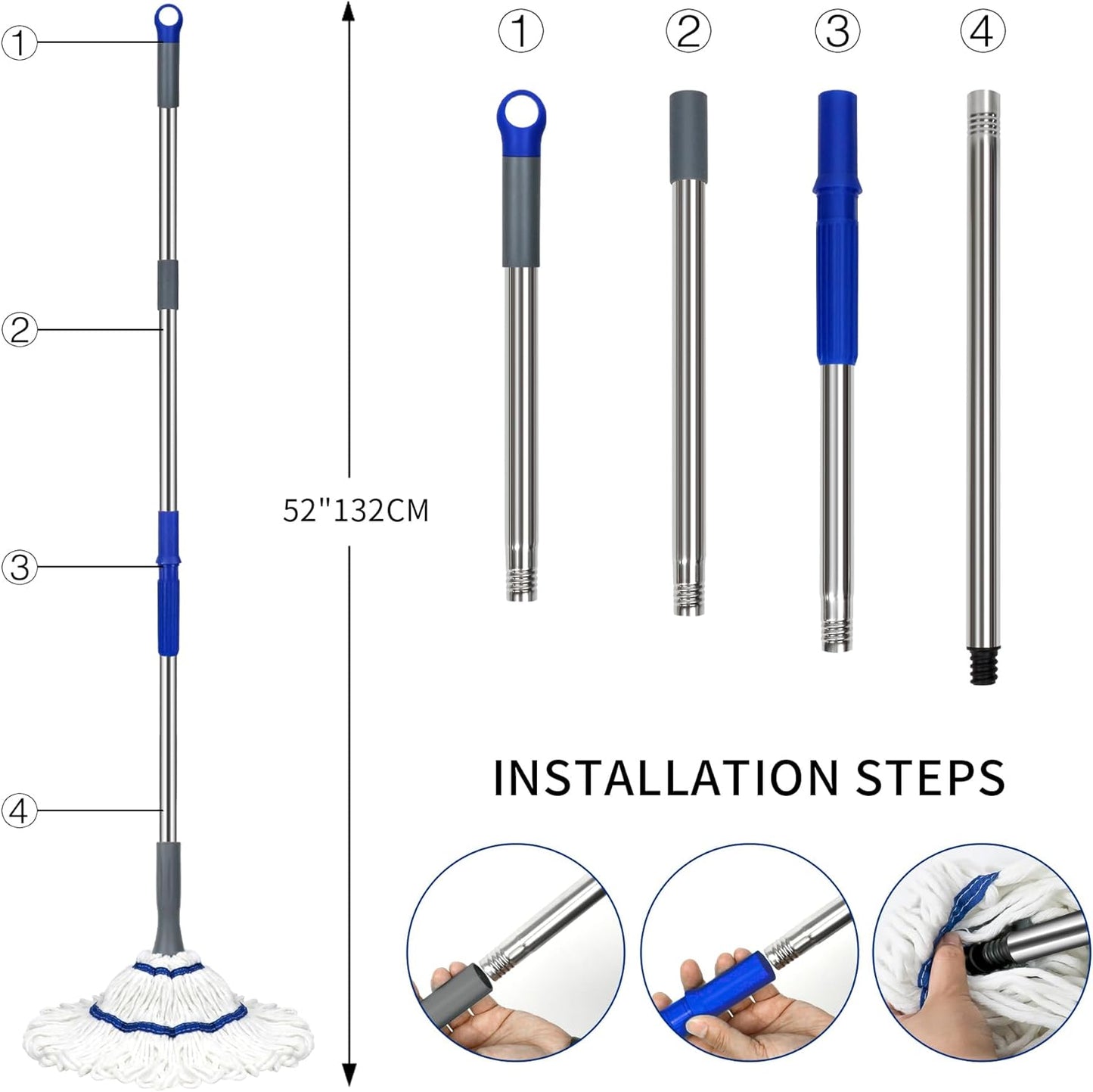 Silkyhose Self-Wringing Twist Mop Cotton Rotating Dry & Wet Mops with Long Handled for Floor Cleaning Kitchen Bathroom Hardwood Vinyl Tile Laminate Household Office
