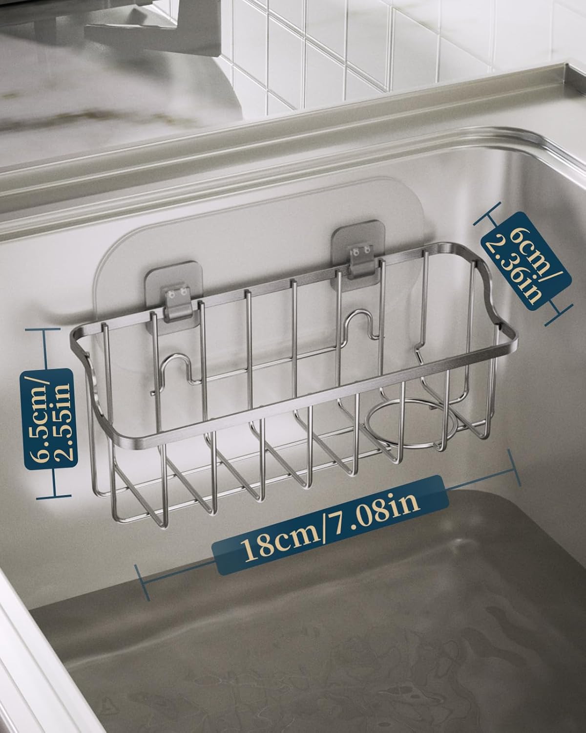 Consumest Sponge Holder Sink Caddy - Ladder Shaped Sponge Holder for Kitchen Sink with 2 Installation Ways (Suction Cups & Adhesive Hook), Rustproof Stainless Steel Kitchen Organizer, Silver