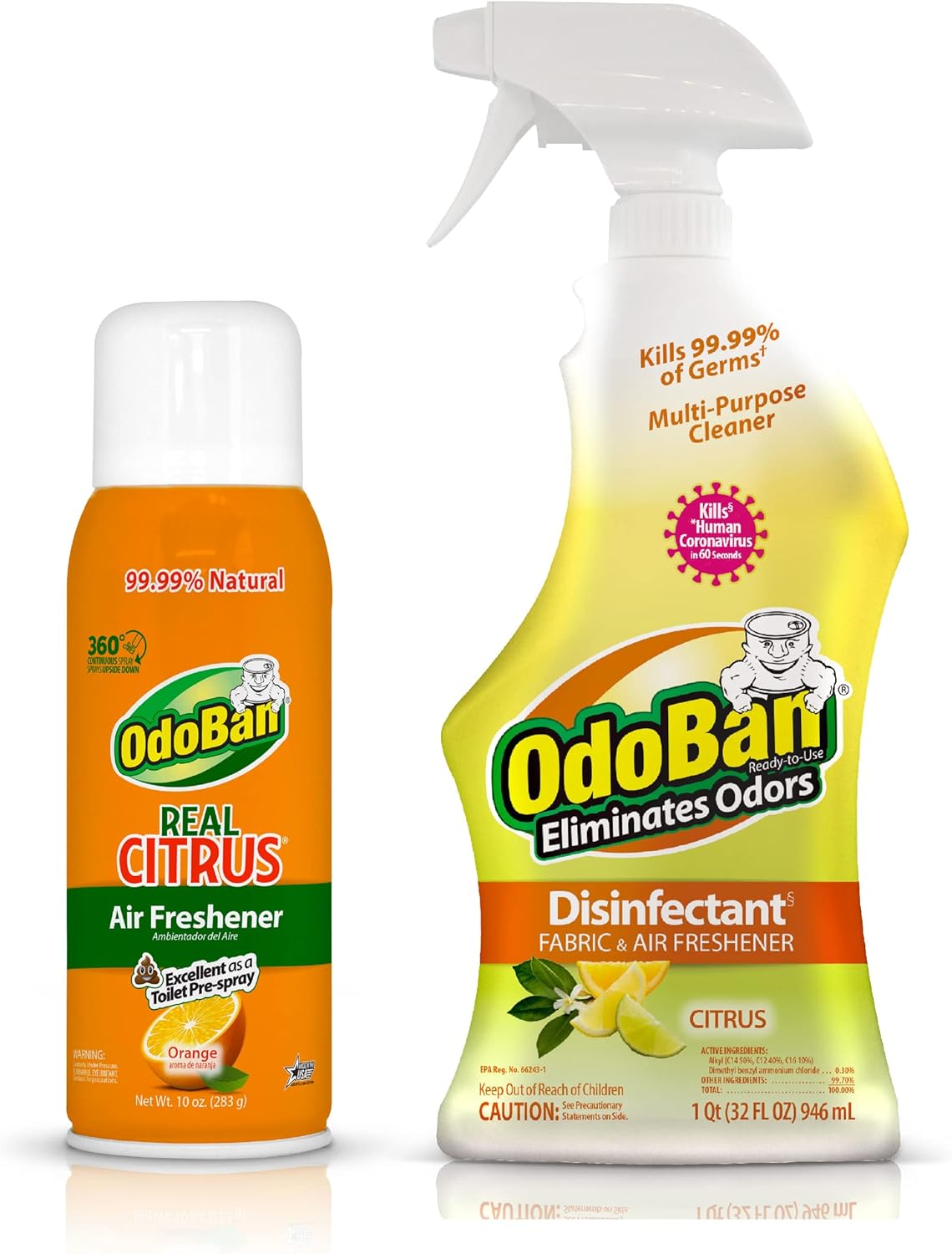 OdoBan 360-Degree Continuous Spray Natural Oil Real Citrus Orange Air Freshener, 10 Ounce, and Multipurpose Disinfectant Cleaner, 32 Ounce Spray, Made in the USA