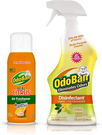 OdoBan 360-Degree Continuous Spray Natural Oil Real Citrus Orange Air Freshener, 10 Ounce, and Multipurpose Disinfectant Cleaner, 32 Ounce Spray, Made in the USA