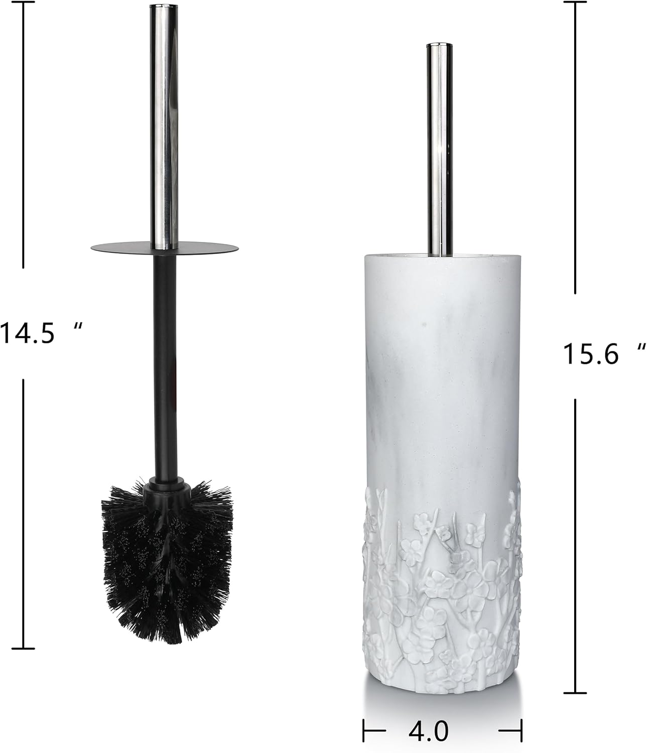 White Floral Branches Design Resin Toilet Bowl Brush and Holder Set, Elegant Bathroom Cleaning Tool with Durable Bristles, Compact and Functional