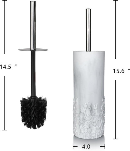 White Floral Branches Design Resin Toilet Bowl Brush and Holder Set, Elegant Bathroom Cleaning Tool with Durable Bristles, Compact and Functional