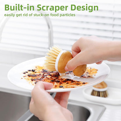 SUBEKYU Bamboo Dish Brush, Kitchen Dish Scrubber Brush, Natural Wooden Dishwashing Brush for Cleaning Dishes/Pans/Pots, Built-in Scraper, Sisal Bristles,1 Set