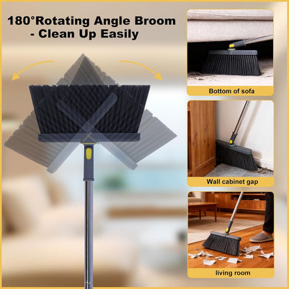 Heavy Duty Broom and Standing Dustpan Combo Set, Rotatable Head Dust Pan and Brush Set with Collapsible Handle, Cleaning Teeth, Hanging Loop, Ideal for Pets, RV, Kitchen, Camping, Outdoor Floor, White