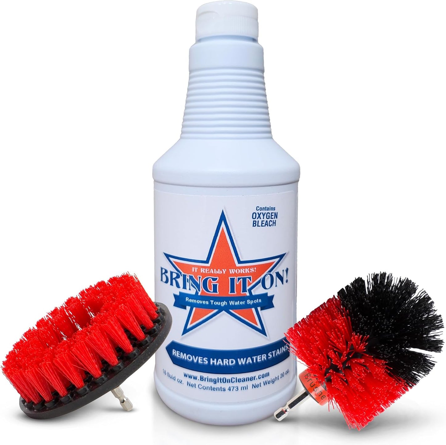 Bring It On Cleaner Hard Water Stain Remover 16 oz | Glass, Soap Scum Remover for Shower Glass, Fiberglass, Windows, Tile and Grout Cleaner, and Includes Scrubbing Drill Pads