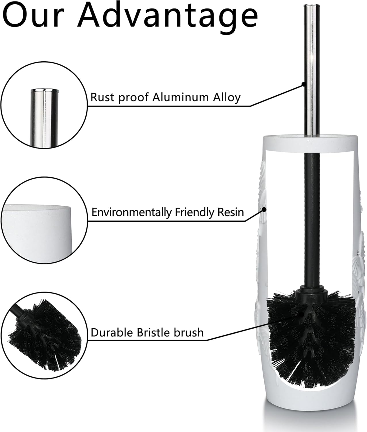 White Floral Branches Design Resin Toilet Bowl Brush and Holder Set, Elegant Bathroom Cleaning Tool with Durable Bristles, Compact and Functional