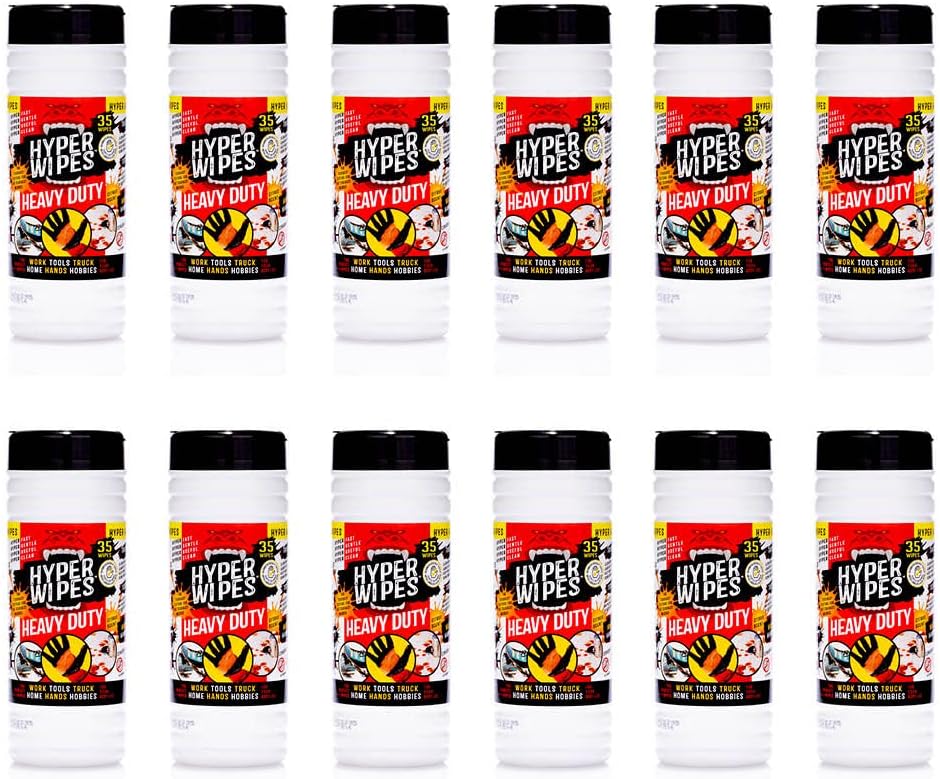 Hyper Wipes, 1 Pack Heavy Duty Hand & Tool Cleaning Wipes, 7"x12" Size Multi-Surface Cleaning Wipes, Degreasing, All Purpose Cleaner, Bathroom, Mechanic, Work Surface Wipes, 35 Count Canister