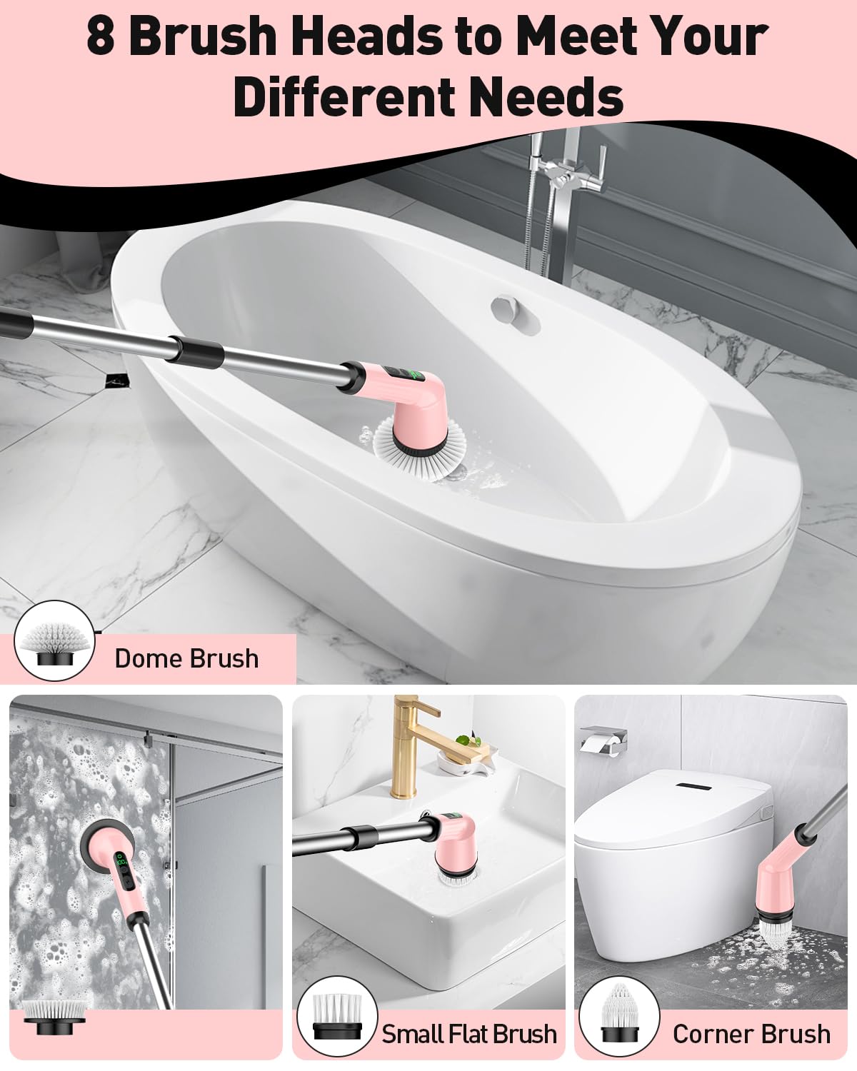 Electric Spin Scrubber for Cleaning Bathroom, Shower Scrubber Cordless Cleaning Brush with IPX7 Waterproof & 2 Speed, 3 Brush Heads, Bathroom Cleaning Supplies for Shower Tub Kitchen Tile Toilet White