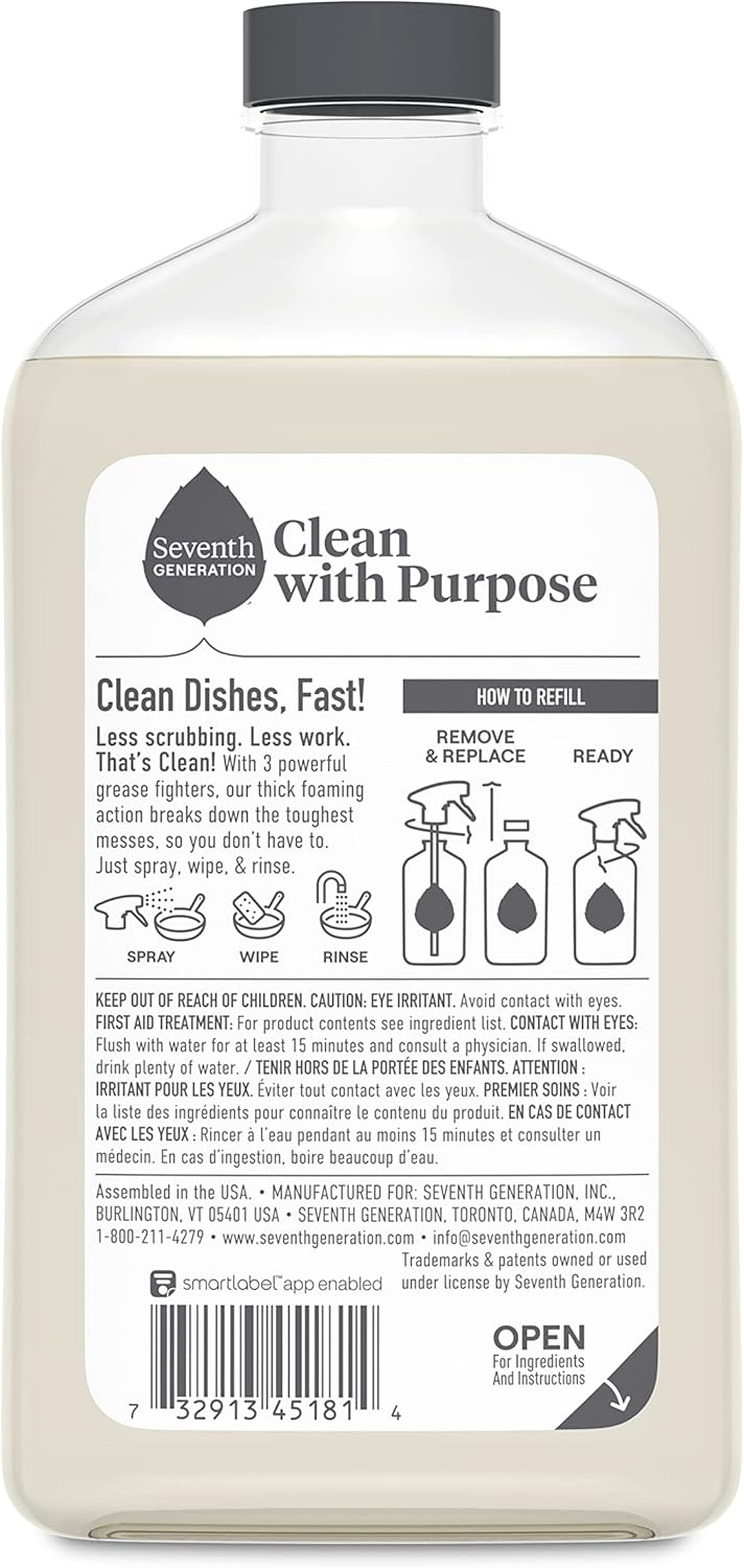 Seventh Generation Foaming Dish Spray, 3X Grease Fighters, Free & Clear, 16 Fl. Oz.
