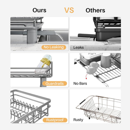 SNTD Dish Drying Rack - Extendable Dish Rack, Large Sink Drying Dish Drainer for Kitchen Counter, Stainless Steel Dish Strainer with Utensil Holder (Black)