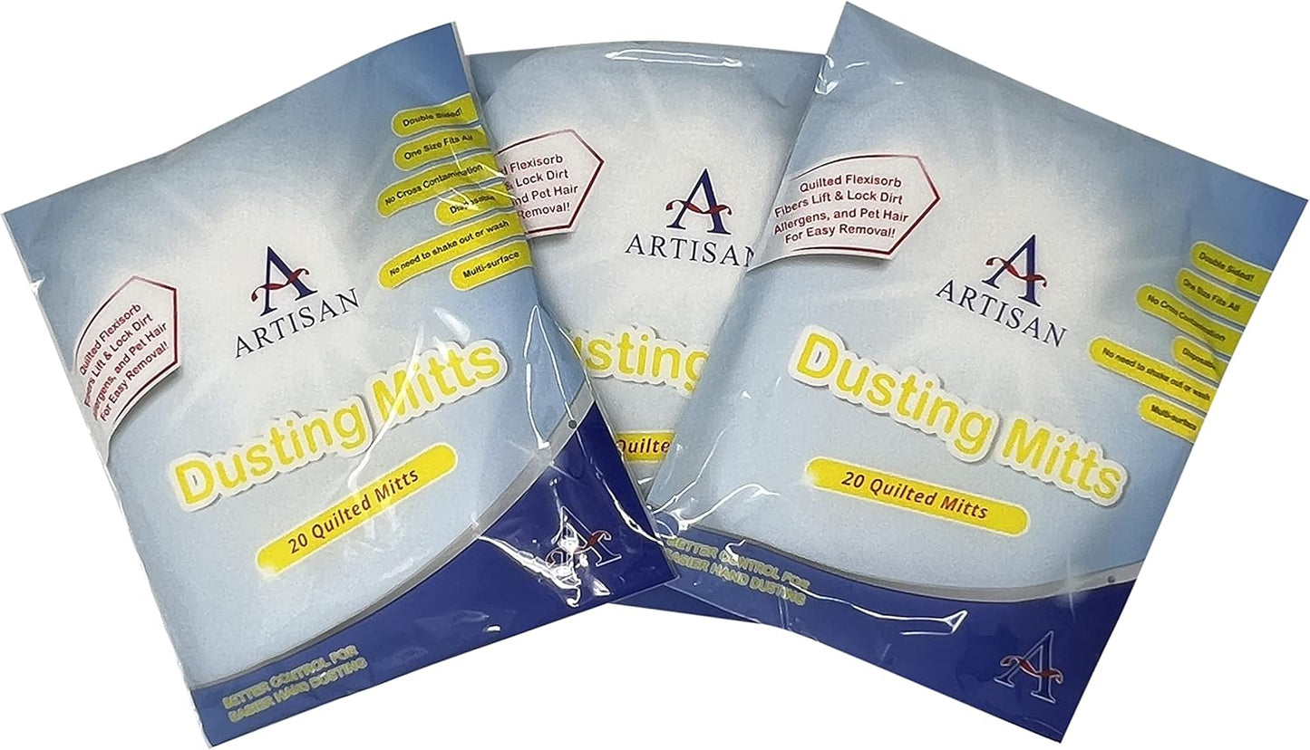 Artisan DUSTING MITT Replaces Microfiber Dusting Cloths, Dust Wipes, Feather Dusters. Grabs and Locks in Dust, Pet Hair, and Allergens for The Best Cleaning Possible Dual-Sided Disposable. 60 Mitts