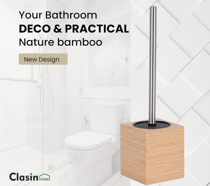Clasin Home Toilet Bowl Brush Holder with Bamboo and Stainless Steel for Durable Use, Toilet Scrubber Brush with Long Handle for Easy Deep Cleaning, Compact Hidden Bathroom Toilet Cleaner Brush Set