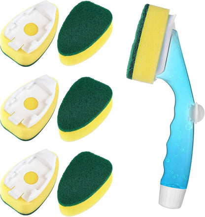 HELIME Heavy Duty Dish Wand Refills Kit with Handle, 6 Non Scratch Dishwand Refill Pack, Replacement Sponge Heads Set,Dishwashing Scrub Brush,Soap Control Dispenser Scrubbers, Dishwasher Cleaning Tool