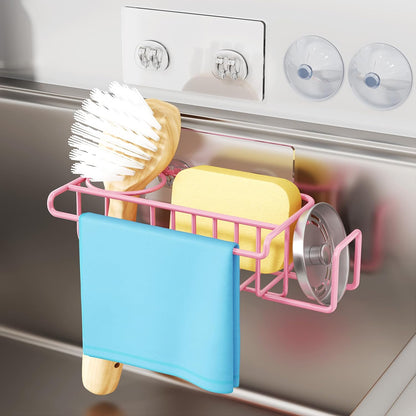 HapiRm 4 in 1 Kitchen Organizers and Storage, SUS304 Stainless Steel Brush Holder + Dish Cloth Hanger + Soap Rack + Sink Stopper Rack, No Drill Kitchen Essentials - Black