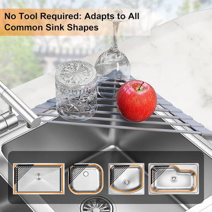 Corner Sink Caddy Triangle Dish Drying Rack for Sink Corner, Sponge Holder Roll Up Dish Drying Rack Over The Sink, Stainless Steel Kitchen Sink Organizer Drainer Mat Sponge Caddy for Counter Storage