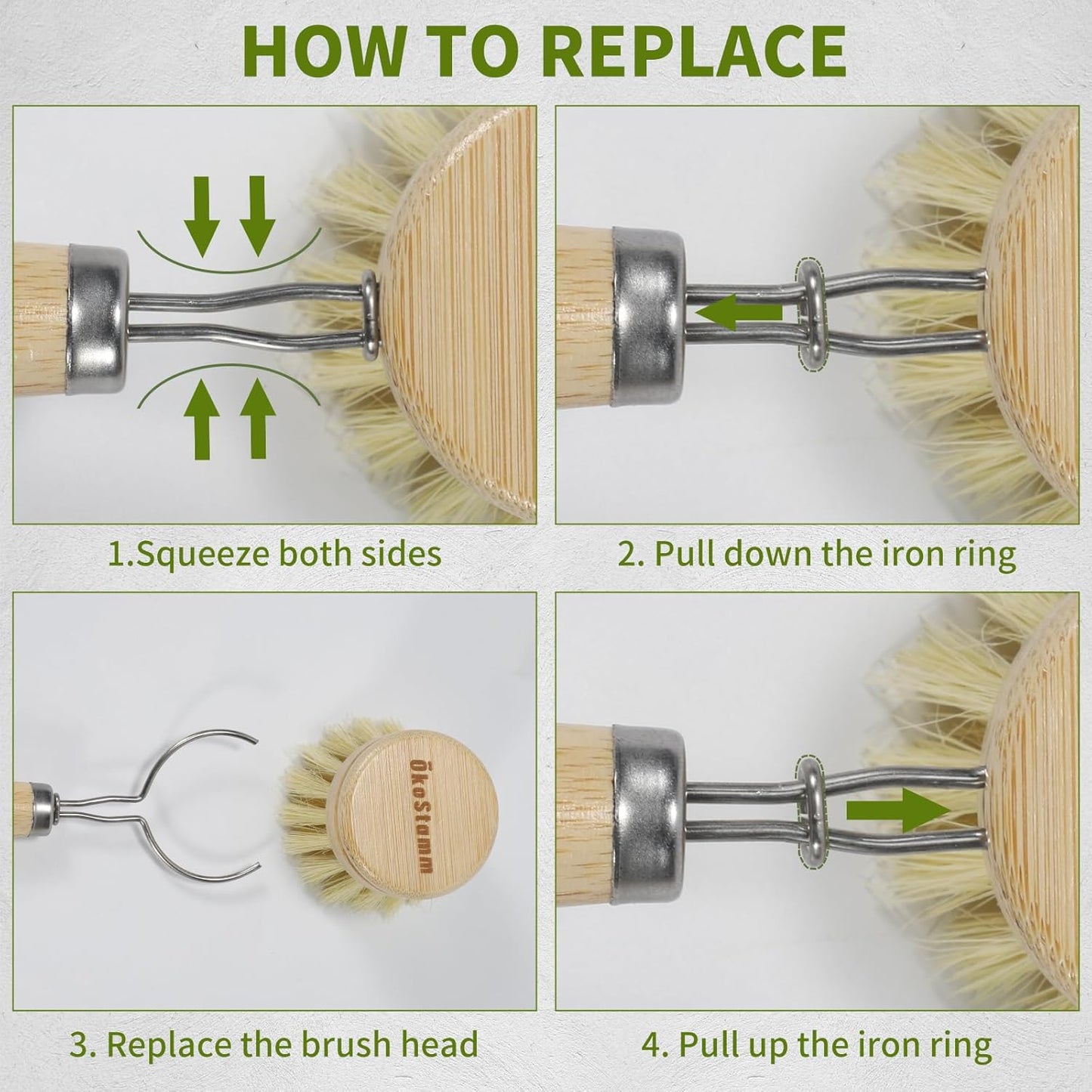 Bamboo Dish Brush with Long Handle - Natural Dish Scrubber Brush Set Includes 4 Replacement Brush Heads, Sisal Bristle Bamboo Brush for Dishes, Pans, Pot, Fruit and Veggie