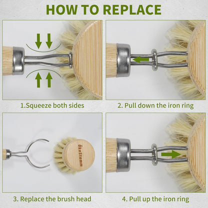 Bamboo Dish Brush with Long Handle - Natural Dish Scrubber Brush Set Includes 4 Replacement Brush Heads, Sisal Bristle Bamboo Brush for Dishes, Pans, Pot, Fruit and Veggie