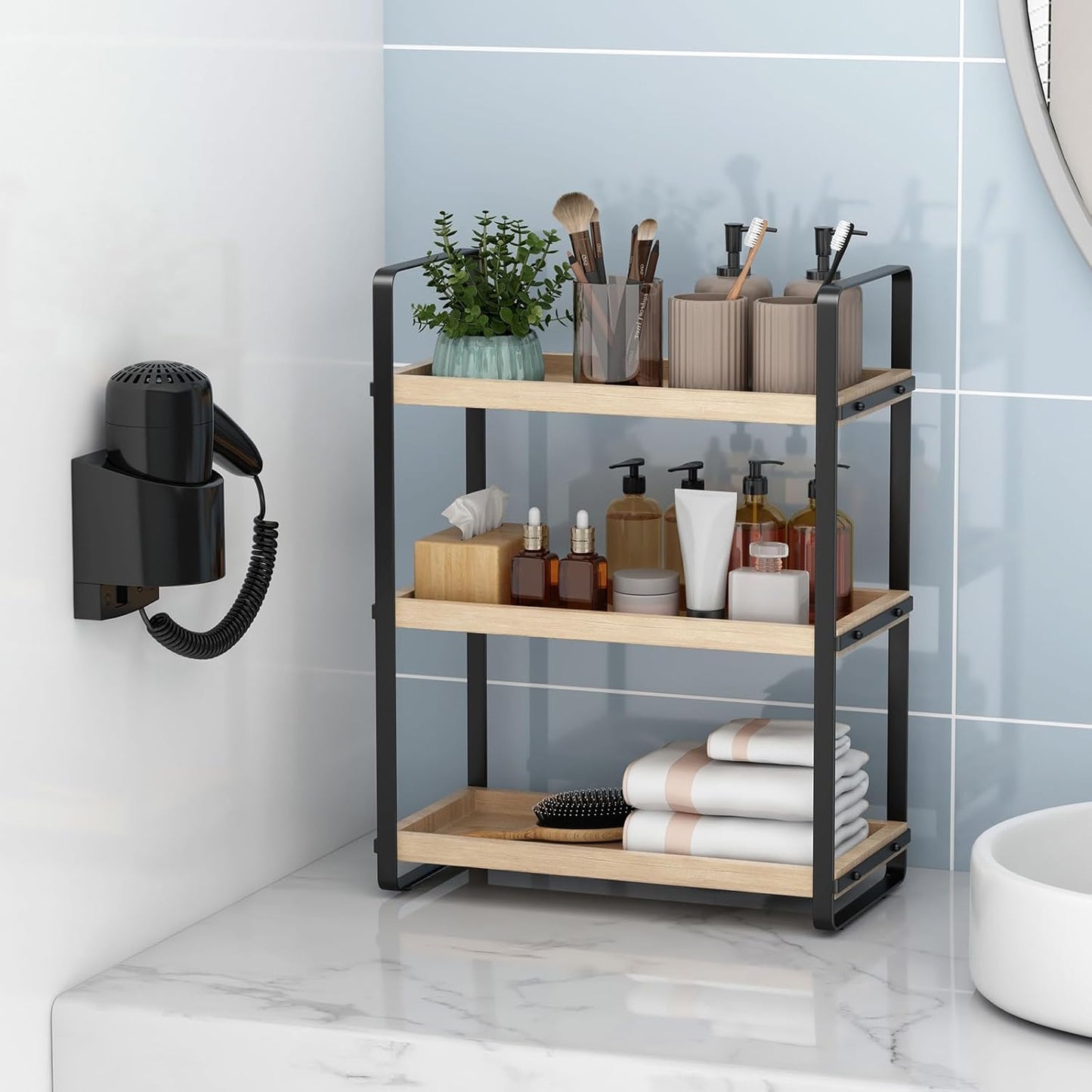 HNRLOY Bathroom Counter Organizer,Bathroom Countertop Organizer,Counter Shelf,Countertop Storage,Organization and Storage,Makeup Shelf,Sink Caddy(Brown 3 Tier)