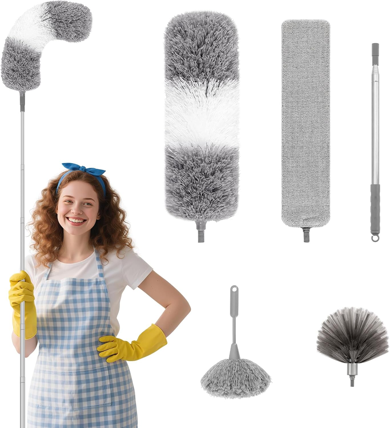 5PCS Dusters for Cleaning, Extendable Microfiber Duster with Extension Pole Up to 100'', Bendable Washable Cleaner Dusters for Cleaning Fan, High Ceiling, Blinds, Furniture, Car