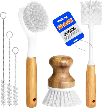 Holikme 6 Pack Dish Brush Scouring Pad Set with Bottle Brush, Dish Brush, Palm Scrub Brush and Straw Brush, Dish Scrubber Long Handle for Dish Bottle Cup Skillet Wok Pot Pan Cast Iron, Yellow