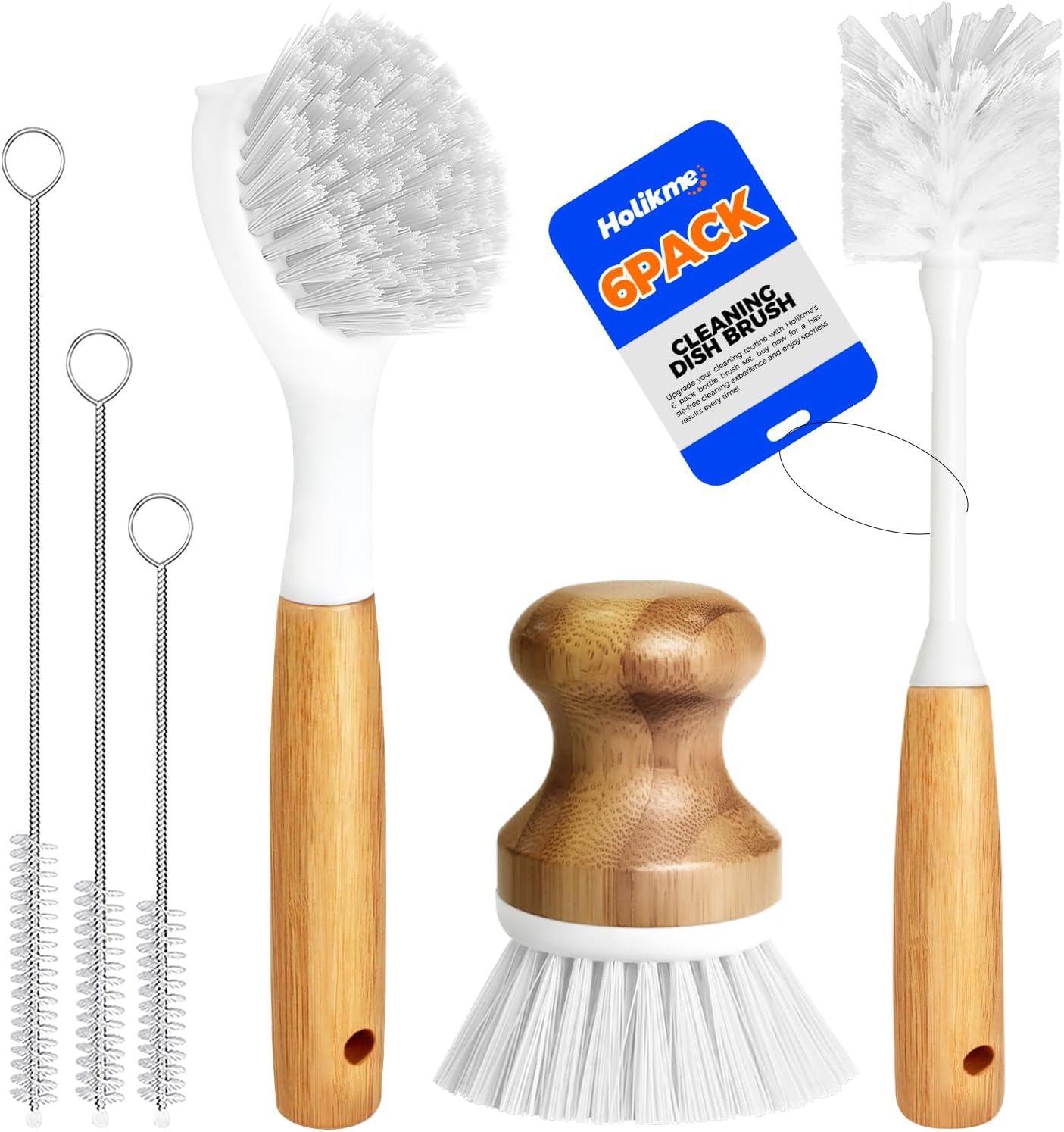 Holikme 6 Pack Dish Brush Scouring Pad Set with Bottle Brush, Dish Brush, Palm Scrub Brush and Straw Brush, Dish Scrubber Long Handle for Dish Bottle Cup Skillet Wok Pot Pan Cast Iron, Yellow