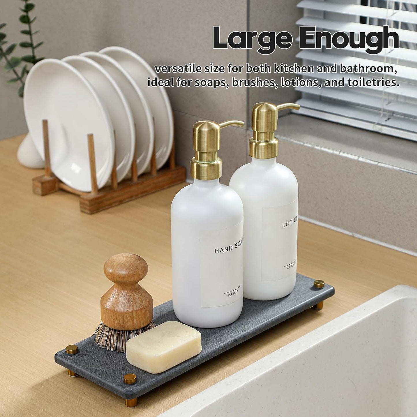 Razborci Water Absorbing Stone Sink Caddy, Diatomite Kitchen Sink Organizer, Bathroom Counter Tray, Faucet Drying Mat Coaster Soap Dish Rack Riser Dispenser Sponge Holder, Silver, White 10" x 4"