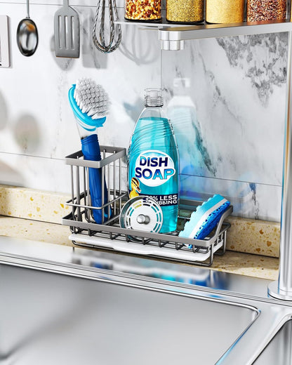Consumest Sink Caddy, Kitchen Sponge Holder with Dish Brush Holder, Kitchen Organizer with Drip Tray for Countertop, Stainless Steel Rustproof - Silver