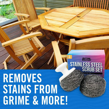 Stainless Steel Scrubber Set, Marine Grade Steel Wool Scouring Pads Scrub with Brush Handle, Heavy Duty Cleaning Supplies for Kitchen,Teak Wood, Outdoor Furniture, and Metal