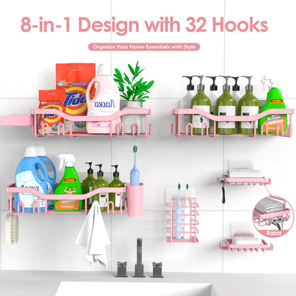 NESOMI Shower Caddy Adhesive Shower Organizer 7-Pack, Rustproof Stainless Steel Bathroom Shelves, Large Capacity No-Drill Rack Storage Accessories with Soap Dish Toothbrush Holder &24 Hooks Home Decor