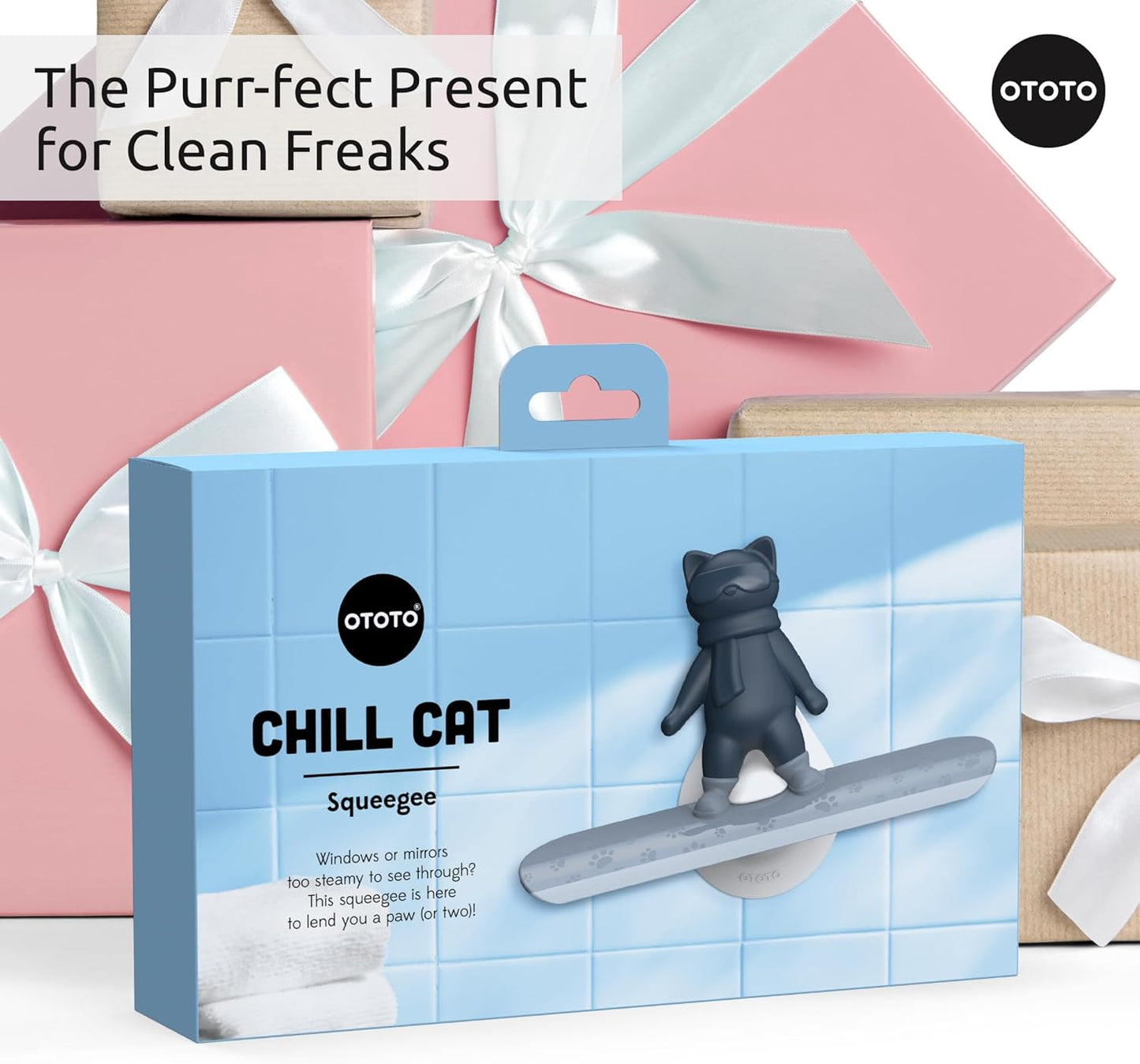 OTOTO Chill Cat Squeegee - Cute Kitchen Accessories, Cute Bathroom Decor, Black Bathroom Accessories, Shower Accessories, Shower Squeegee for Glass Doors, Small Bathroom Squeegee, Cat Gifts