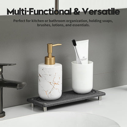 Razborci Water Absorbing Stone Sink Caddy, Diatomite Kitchen Sink Organizer, Bathroom Counter Tray, Faucet Drying Mat Coaster Soap Dish Rack Riser Dispenser Sponge Holder, Silver, White 10" x 4"