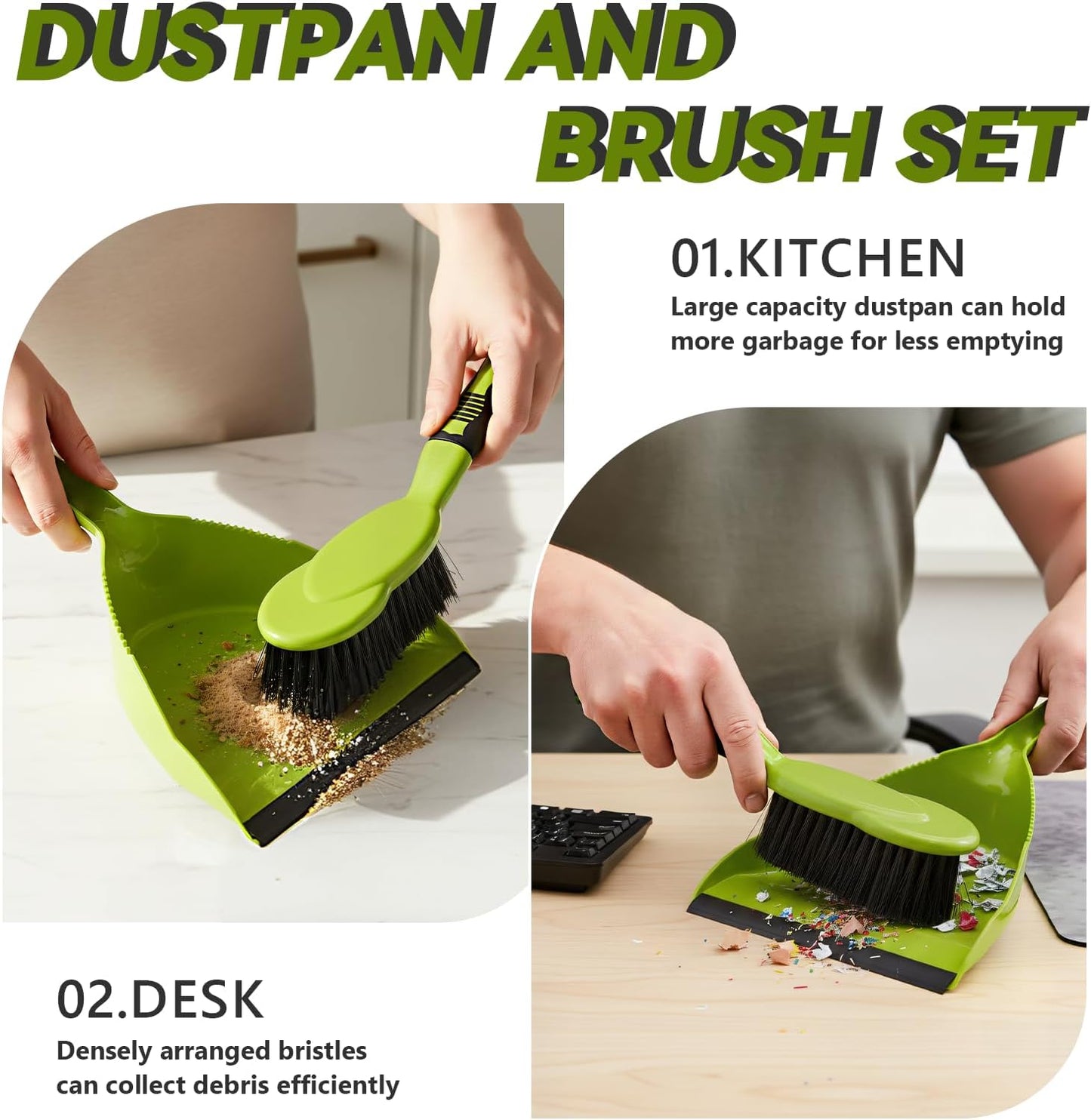 Dust Pan, Dustpan and Brush Set, Hand Broom and Dustpan Set, Small Dustpan and Brush Set, Mini Broom for use on Kitchen Floors, Tables, and Animal Cages Cleaning.（Green）