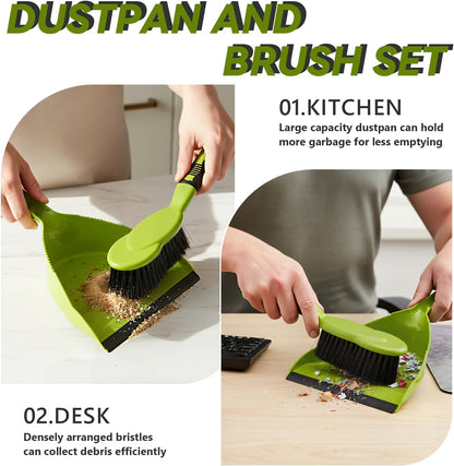 Dust Pan, Dustpan and Brush Set, Hand Broom and Dustpan Set, Small Dustpan and Brush Set, Mini Broom for use on Kitchen Floors, Tables, and Animal Cages Cleaning.（Green）
