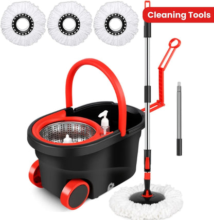 360° Spin Mop and Bucket System with Wringer - 61" Stainless Steel Handle & 3 Microfiber Refills, Self-Cleaning Floor Mop for Tile, Hardwood, Laminate Floors (Black red)