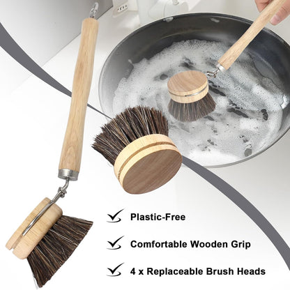 Wooden Dish Brush Set, 4 Natural Bristle Replacement Heads with 1 Sturdy Wooden Handle, Sisal Kitchen Scrub Brush for Pots, Pans, Vegetables and Cookware