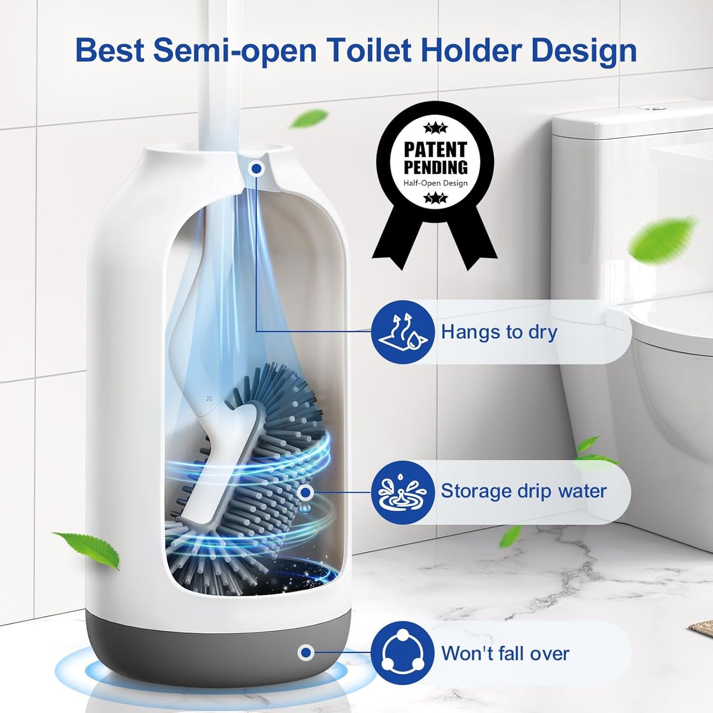 HAMITOR Toilet Bowl Brush Holder Set: Deep Cleaning Silicone Toilet Cleaner Scrubber Under Rim with Curved Bristle for Bathroom Dead Corner Clean - Modern Rv Toilet Decorative Accessories - Gray