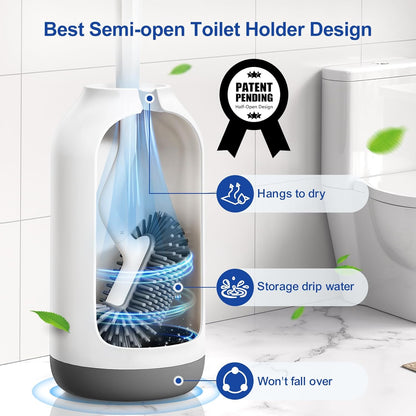 HAMITOR Toilet Bowl Brush Holder Set: Deep Cleaning Silicone Toilet Cleaner Scrubber Under Rim with Curved Bristle for Bathroom Dead Corner Clean - Modern Rv Toilet Decorative Accessories - Gray