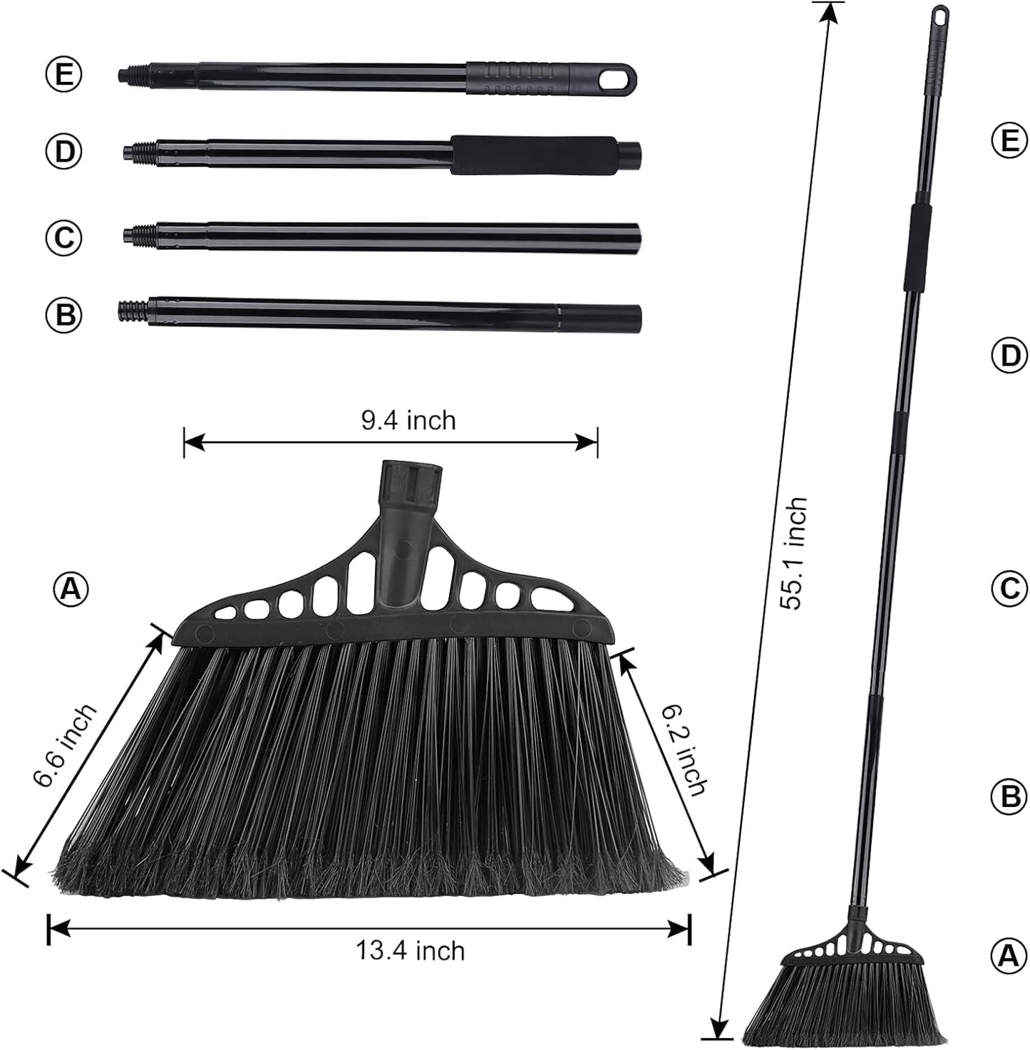 Tiumso 3-Pack Heavy Duty Broom, Commercial Broom with 55" Long Handle Outdoor Indoor, Industrial Brooms for Sweeping Garage Concrete Courtyard Patio Home Kitchen Office - All Black