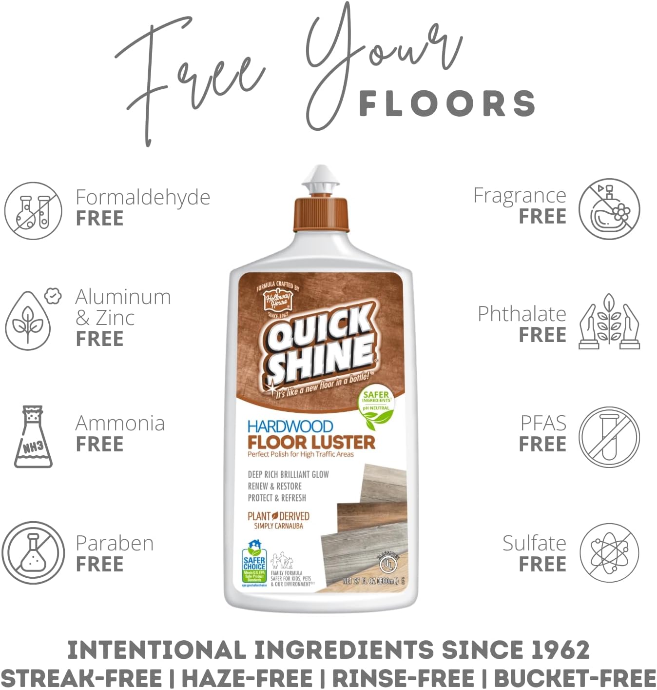 Quick Shine Hardwood Floor Luster-Polish 64oz | Plant-Derived w/Carnauba | Safer Choice, No PFAS, pH Neutral | Ready to Use Formula w/Anti-Slip Technology | Simply Squirt & Spread | Made in USA