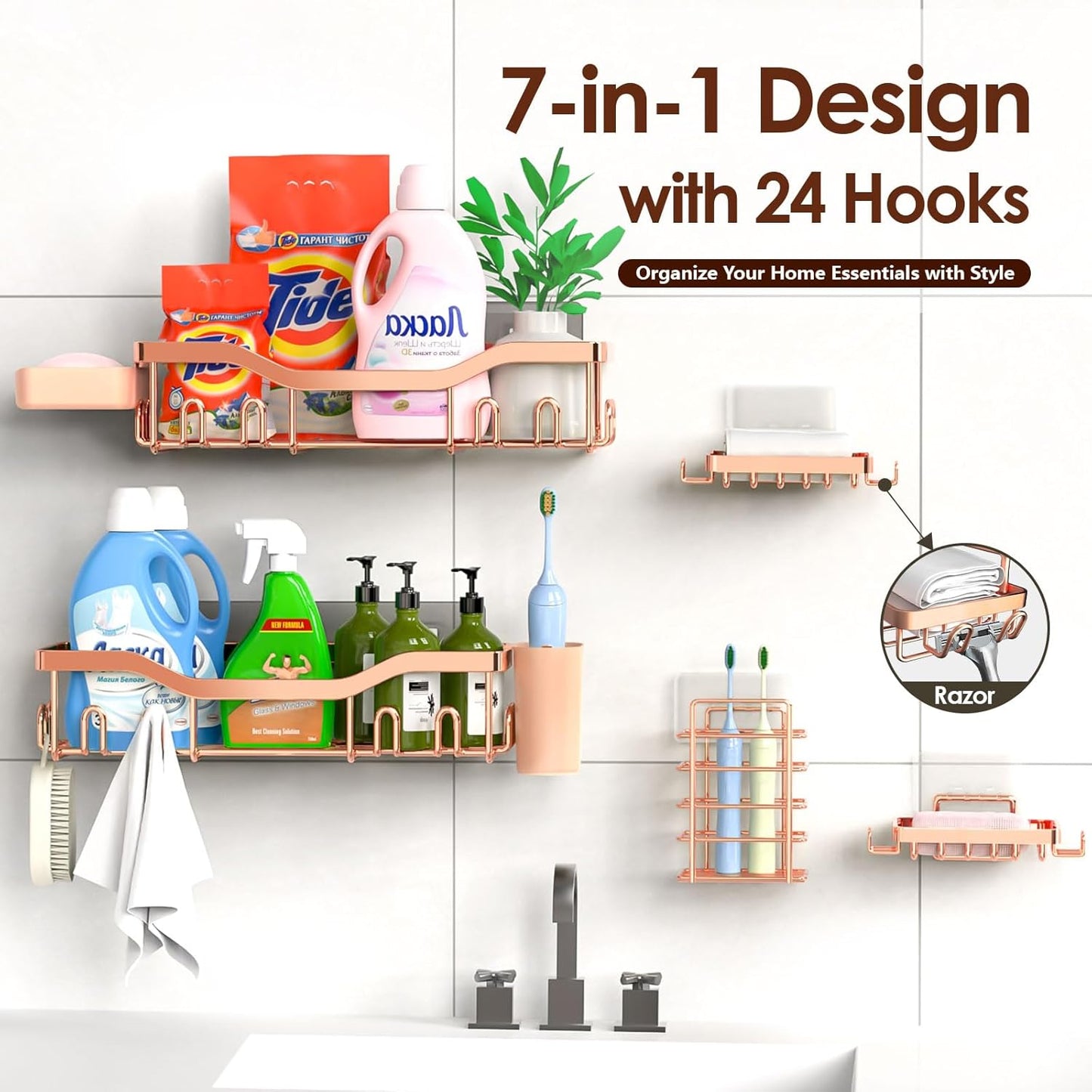 NESOMI Shower Caddy Adhesive Shower Organizer 7-Pack, Rustproof Stainless Steel Bathroom Shelves, Large Capacity No-Drill Rack Storage Accessories with Soap Dish Toothbrush Holder &24 Hooks Home Decor