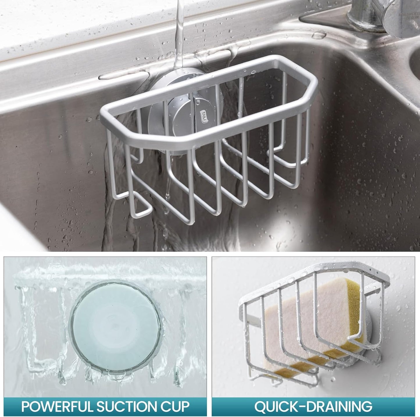 TAILI Sponge Holder for Kitchen Sink with Strong Suction Cup, Rustproof Aluminum Sink Caddy for Sponges, Removable Sponge Holder, Dish Brush for Scraper - Silver
