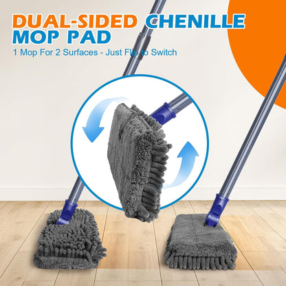 Mops for Floor Cleaning, Masthome Flat Dust Mop with 4 Reusable Pads, 2-Sided Microfiber Dust Mop for Wet & Dry Use, Flat Flip Mops for Hardwood, Laminate, Vinyl,Kitchen, Tile -1 Scraper