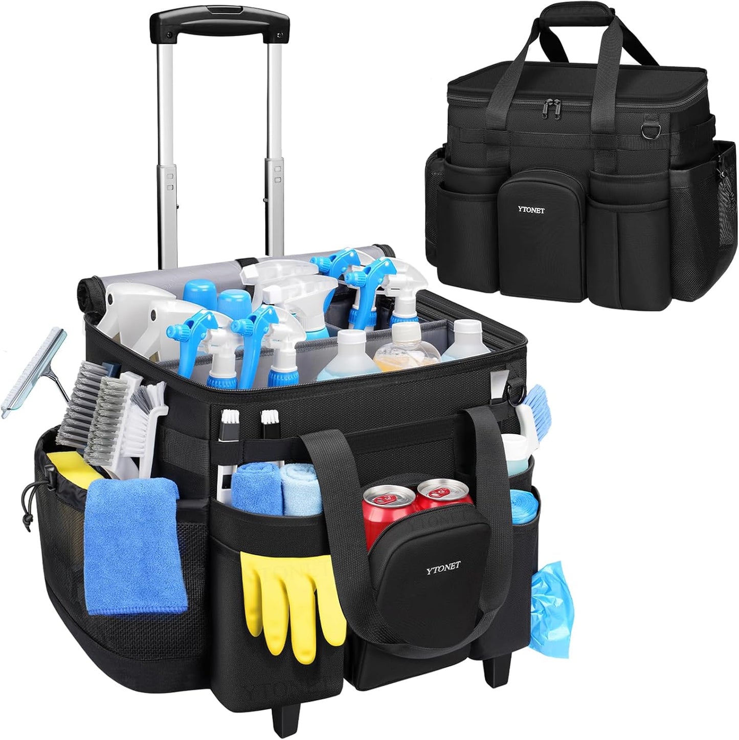 Ytonet Cleaning Caddy with Wheels, Extra Large Rolling Cleaning Caddy Bag with Detachable Trolley for Housekeepers, Water Resistant Cleaner Supplies Organizer with Wheels for Kitchen, Tool Organizer