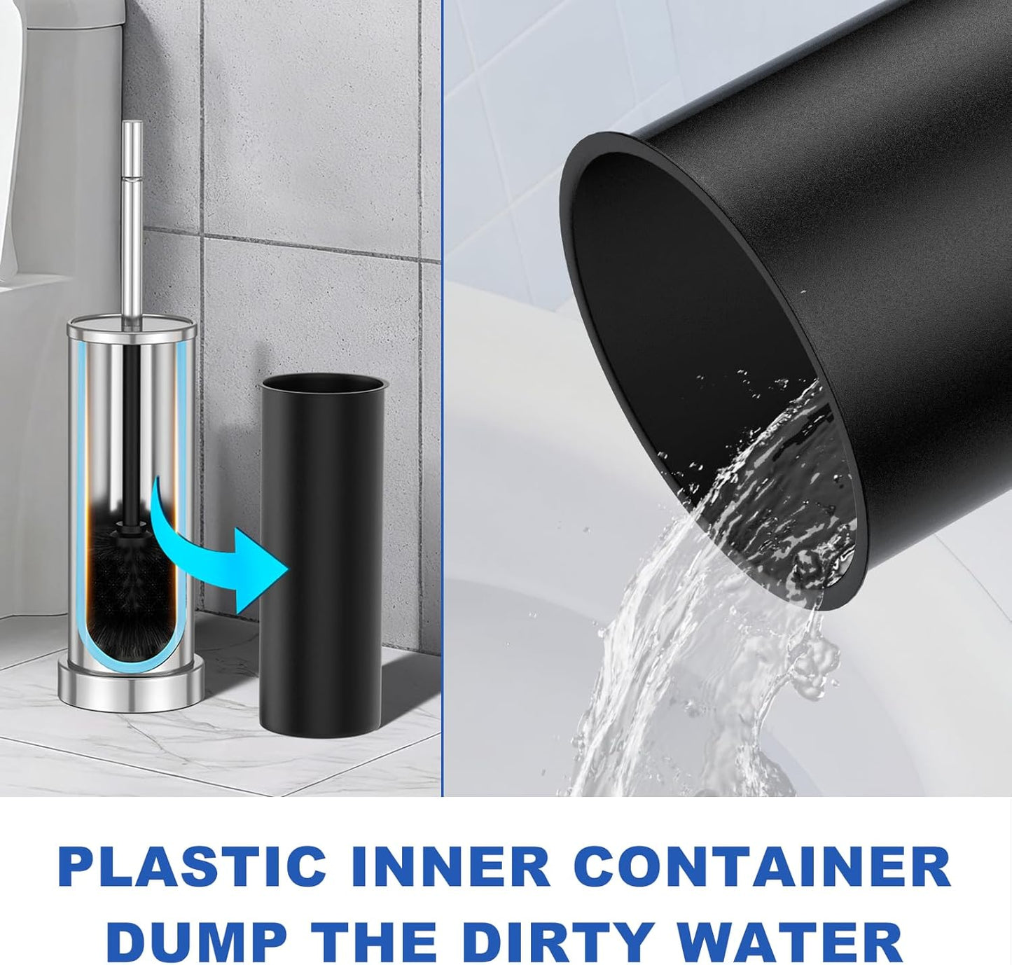 Toilet Brush and Holder Set: 304 Stainless Steel Heavy Duty Toilet Bowl Brush and Holder with Removable Inner Bowl and Splash Protection, Modern Long Handle Bathroom Cleaning Tool