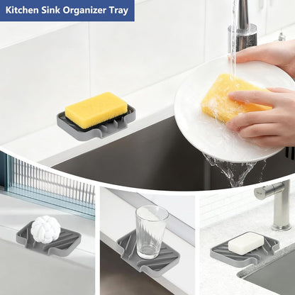 JACZZO Silicone Sponge Holder for Kitchen Sink With Drain Spout, Self Draining, Kitchen Soap Tray, Bathroom Organizer, Sink Caddy (Grey, 10×4)