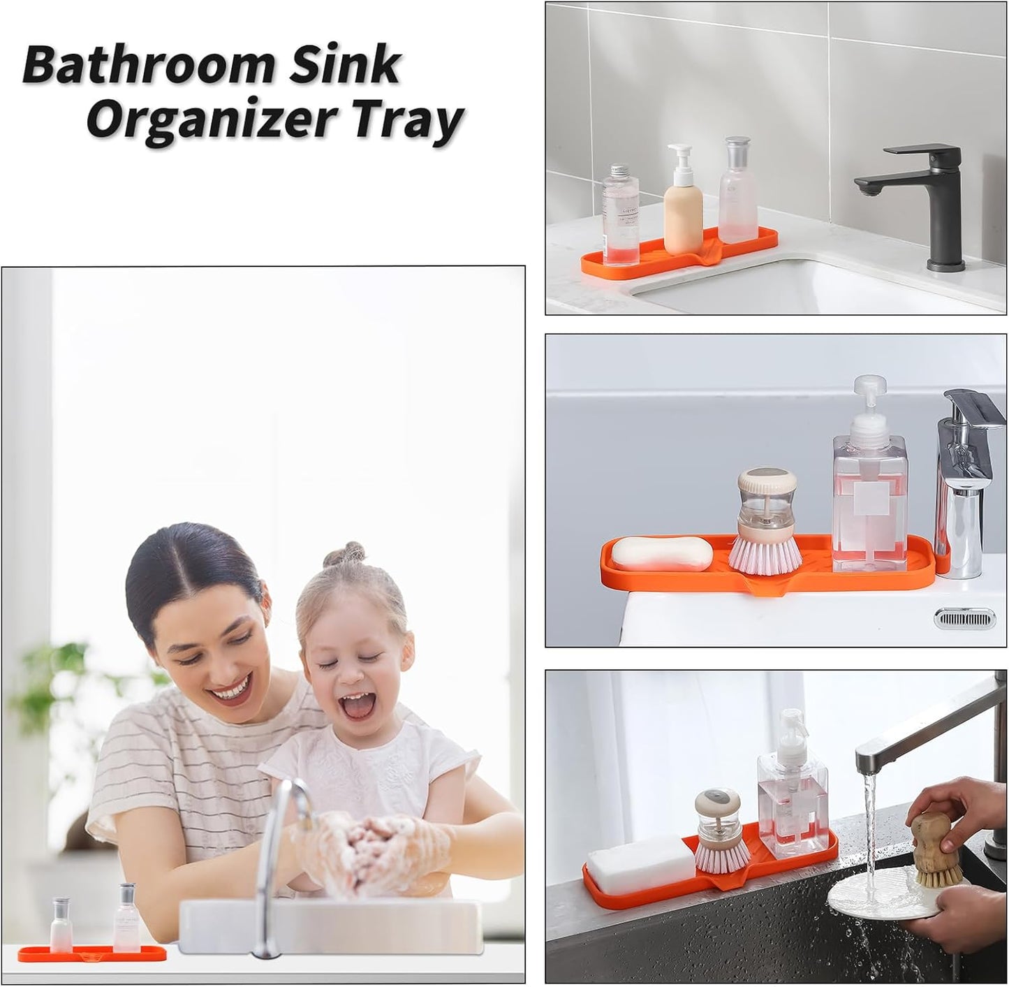 MicoYang Silicone Bathroom Soap Dishes with Drain Spout-Bathroom and Kitchen Sink Organizer,Sponge Holder,Dish Soap Tray,Perfect for Dispenser,Scrubber,Bottle,Cup on Sink or Counter-Black 4.9"×3.2"