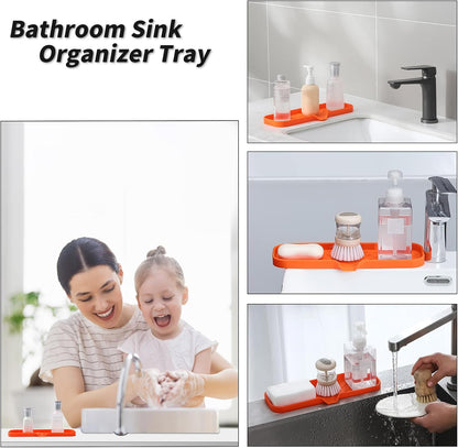 MicoYang Silicone Bathroom Soap Dishes with Drain Spout-Bathroom and Kitchen Sink Organizer,Sponge Holder,Dish Soap Tray,Perfect for Dispenser,Scrubber,Bottle,Cup on Sink or Counter-Black 4.9"×3.2"