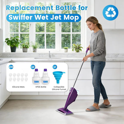 1 Pack Refillable Bottle for Swiffer Wet Jet Mop - 500ML Leak-Proof HDPE Empty Cleaner Solution Bottle with 5 Silicone Gaskets & 1 Funnel Wood Care & Pet Safe, Eco-Friendly