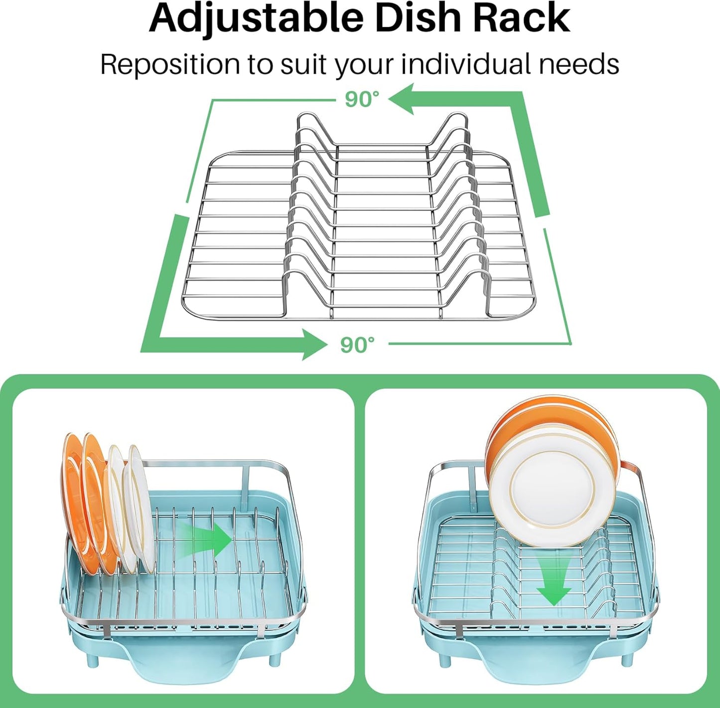 SNTD Dish Drying Rack, Expandable Dish Rack for Kitchen Counter, Stainless Steel Dish Drainer with Drainboard Set and Utensil Holder (Black)