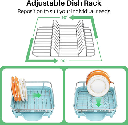 SNTD Dish Drying Rack, Expandable Dish Rack for Kitchen Counter, Stainless Steel Dish Drainer with Drainboard Set and Utensil Holder (Black)